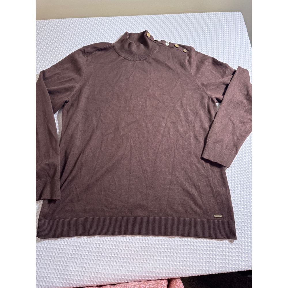 Calvin Klein Sweater Women XL Mock Neck Brown Button Shoulder EUC